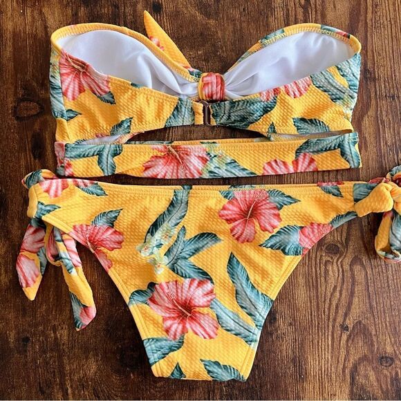 Yellow Tropical Floral Cutout Bandeau Side Tie Bikini - Picture 5 of 8